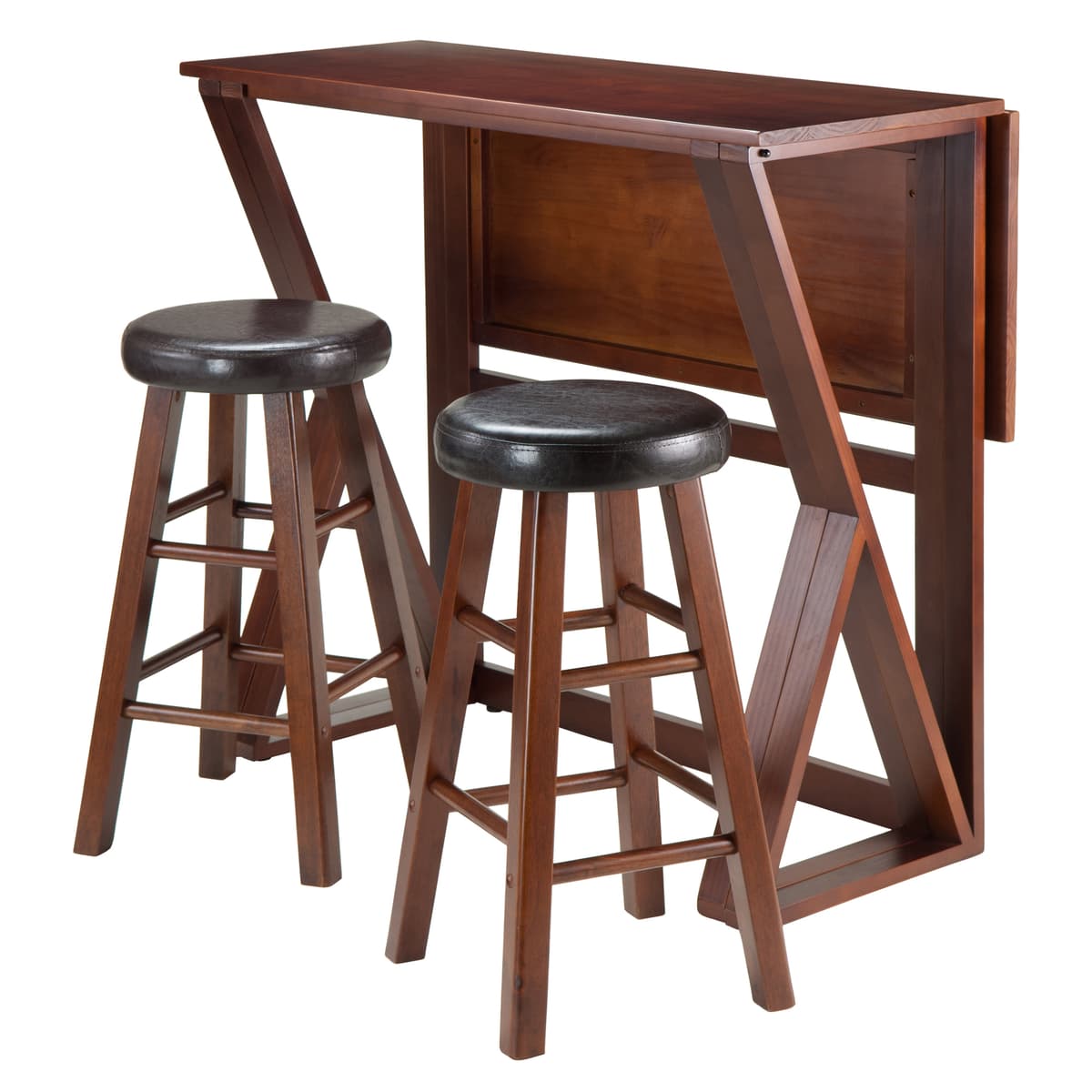 Harrington High Foldable Dining Table with 2 Cushion Counter Stools, 36" High, 39" Wide, Espresso and Walnut
