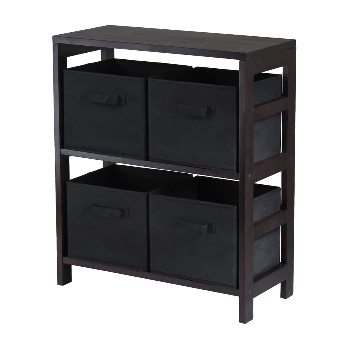 Capri 2-Section Storage Shelf with 4 Foldable Fabric Baskets, 29" High, 25" Wide, Espresso and Black