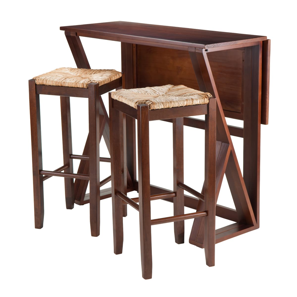 Harrington High Foldable Dining Table with 2 Rush-Seat Bar Stools, 36" High, 39" Wide, Walnut and Natural