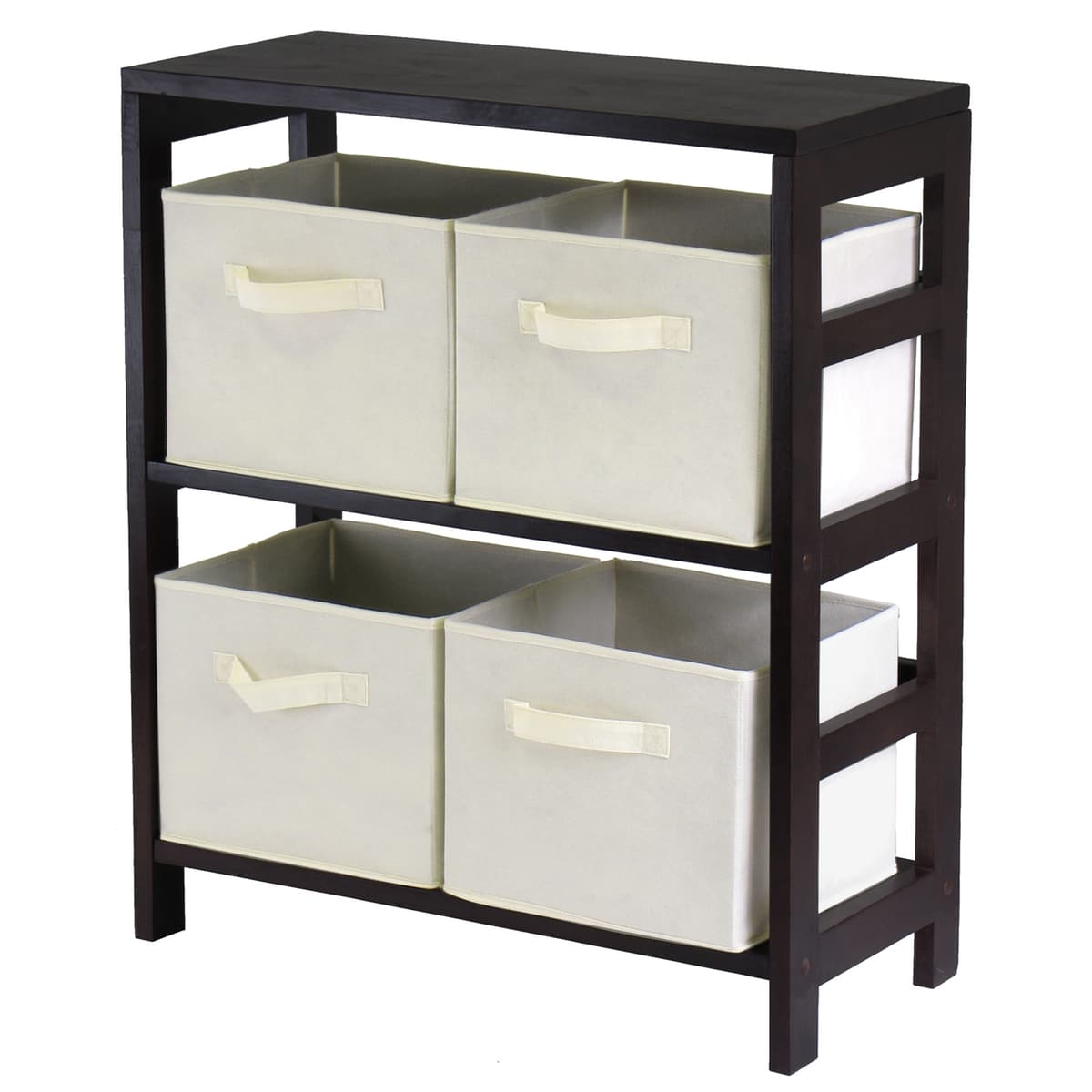 Capri 2-Section Storage Shelf with 4 Foldable Fabric Baskets, 29" High, 25" Wide, Espresso and Beige