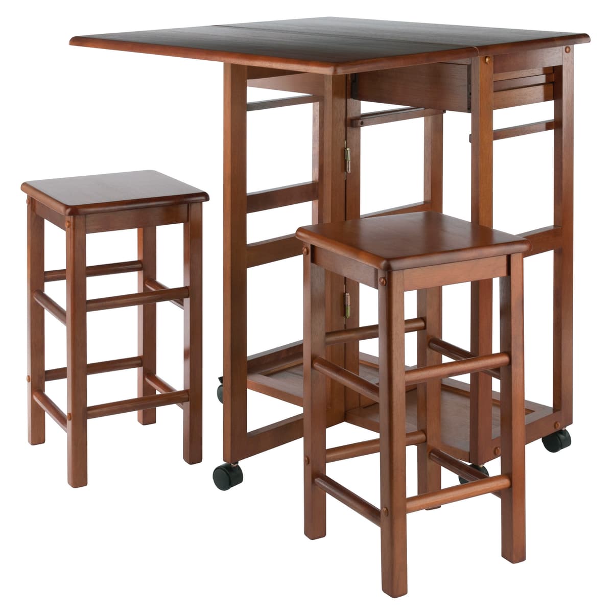 Winsome Suzanne Kitchen Space-Saver Table Set with 2 Tuck-Away Stools, 33” Tall, 29” Long, 30” Wide, Teak