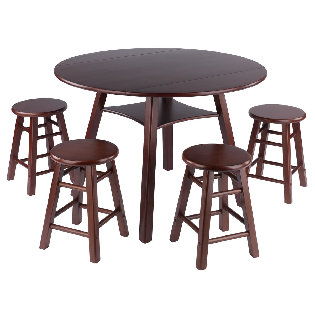 Marbelle Table 5-Pc Drop Leaf Dining Table with 4 Element 18” Dining Stools, Walnut