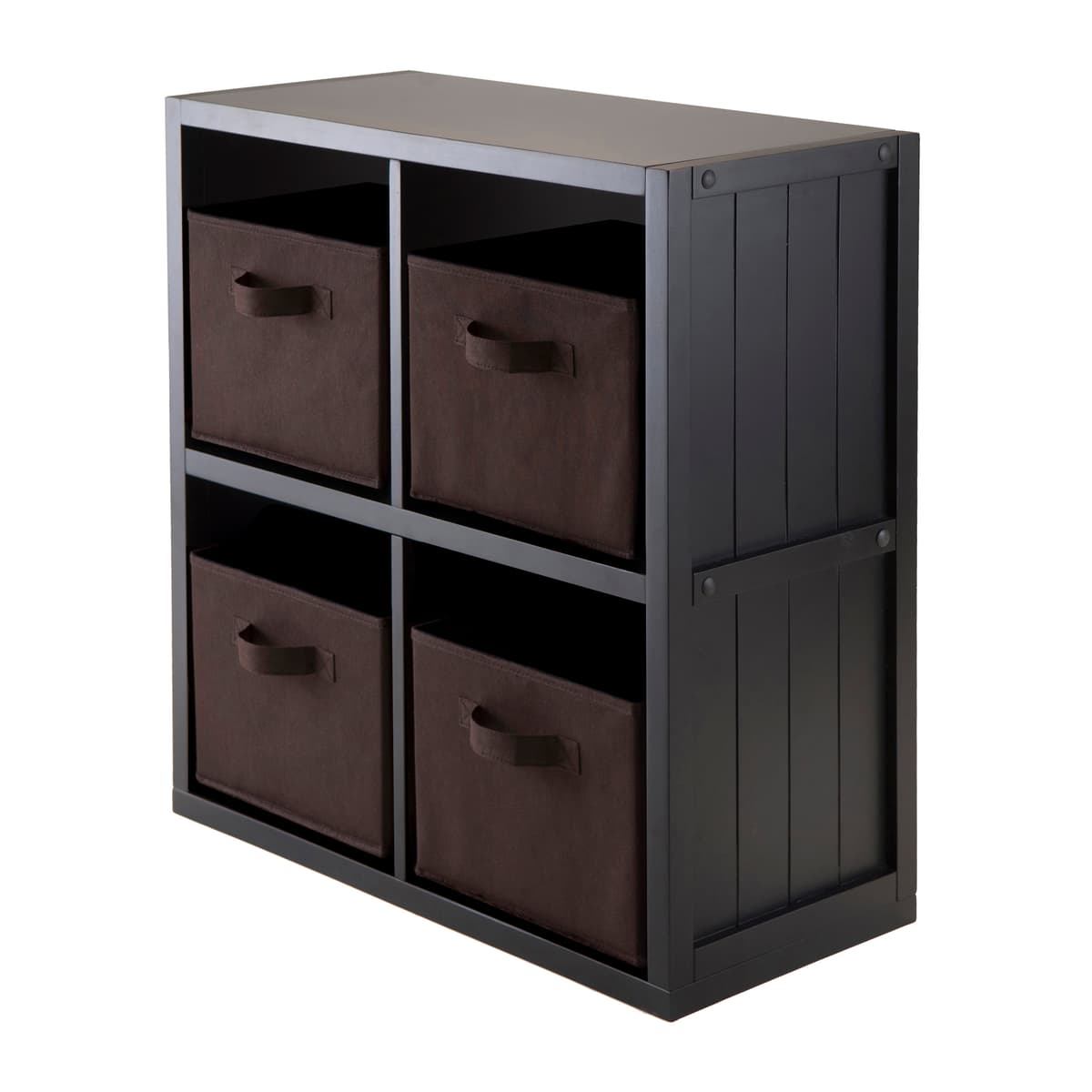 Timothy 4-Cube Storage Shelf with 4 Foldable Fabric Baskets, 26" Wide, Black and Chocolate