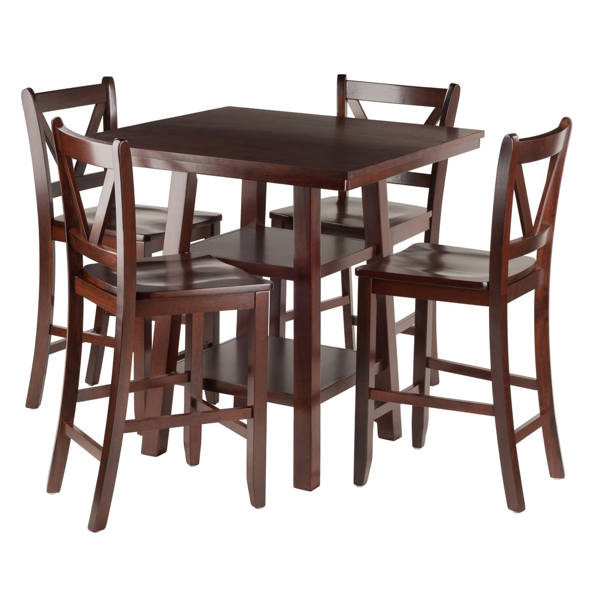 Orlando High Table with 4 V-Back Counter Stools, 36" High, 34" Wide, Walnut