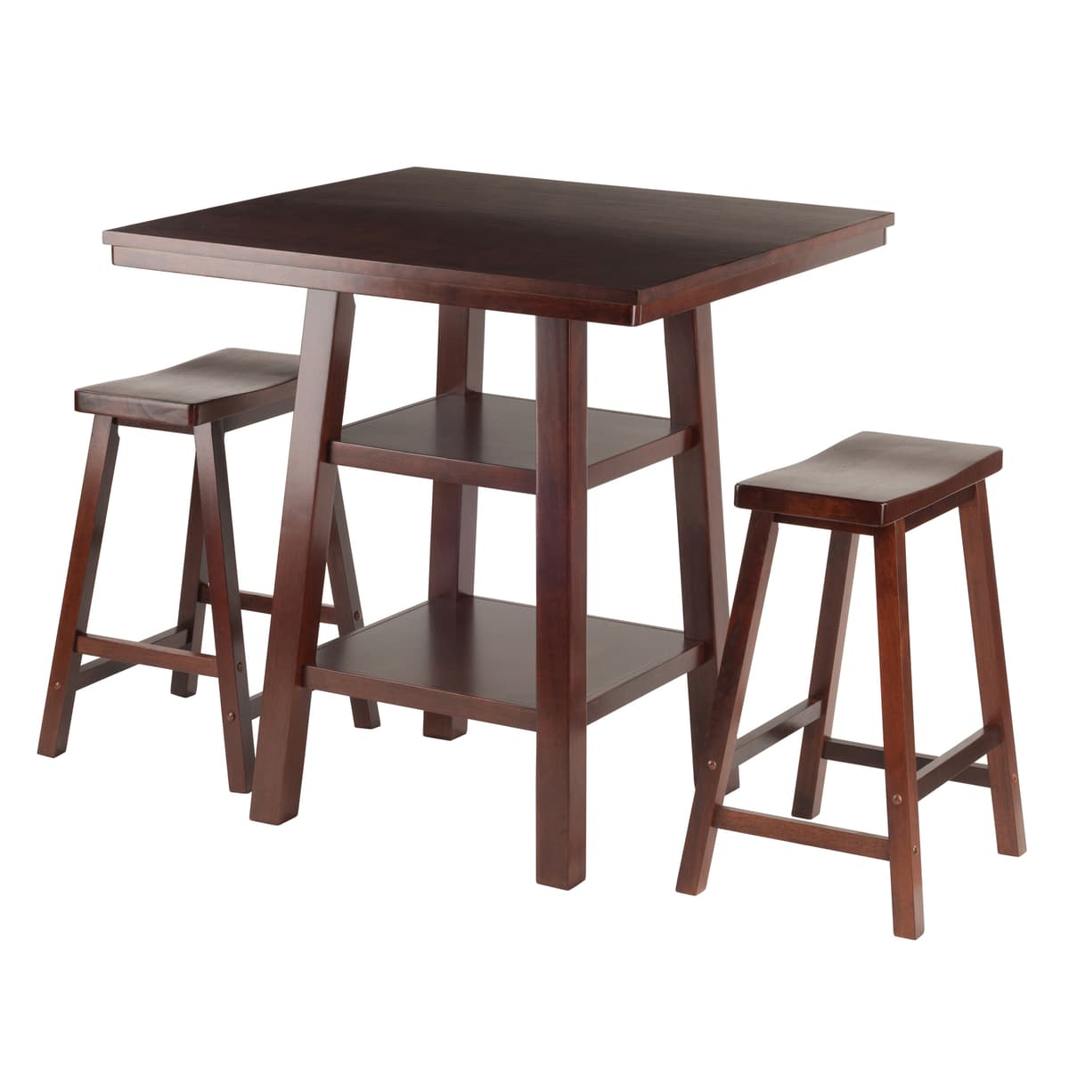 Orlando High Table with 2 Saddle-Seat Counter Stools, 36" High, 34" Wide, Walnut