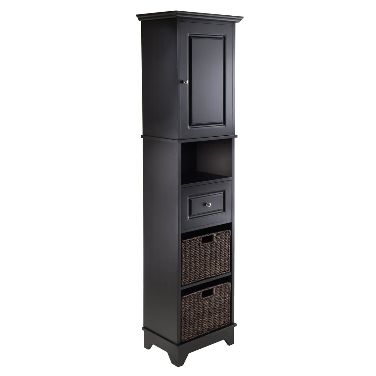 Wyatt Tall Storage Cabinet with 2 Foldable Corn Husk Baskets, 71" High, 18" Wide, Black and Chocolate
