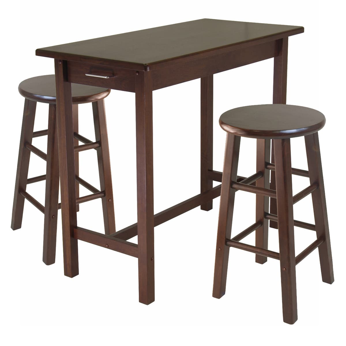 Sally Breakfast Table with 2 Round Counter Stools, 33" High, 39" Wide, Walnut