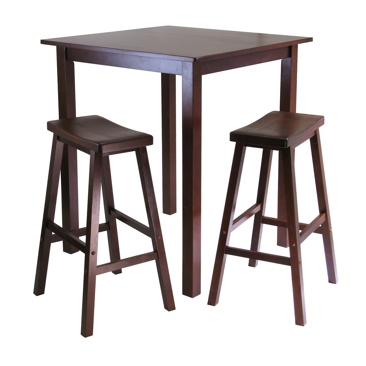 Parkland High Table with 2 Saddle-Seat Bar Stools, 39" High, 34" Wide, Walnut