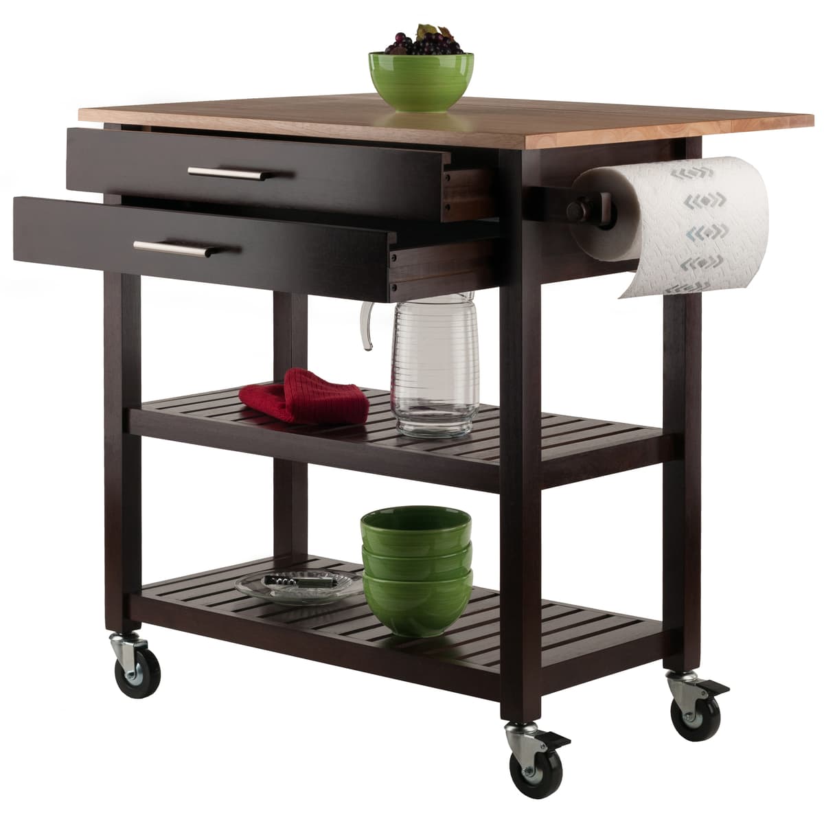 Langdon Kitchen Cart With Extendable Tabletop, 37” Wide, 34” High, Cappuccino and Natural