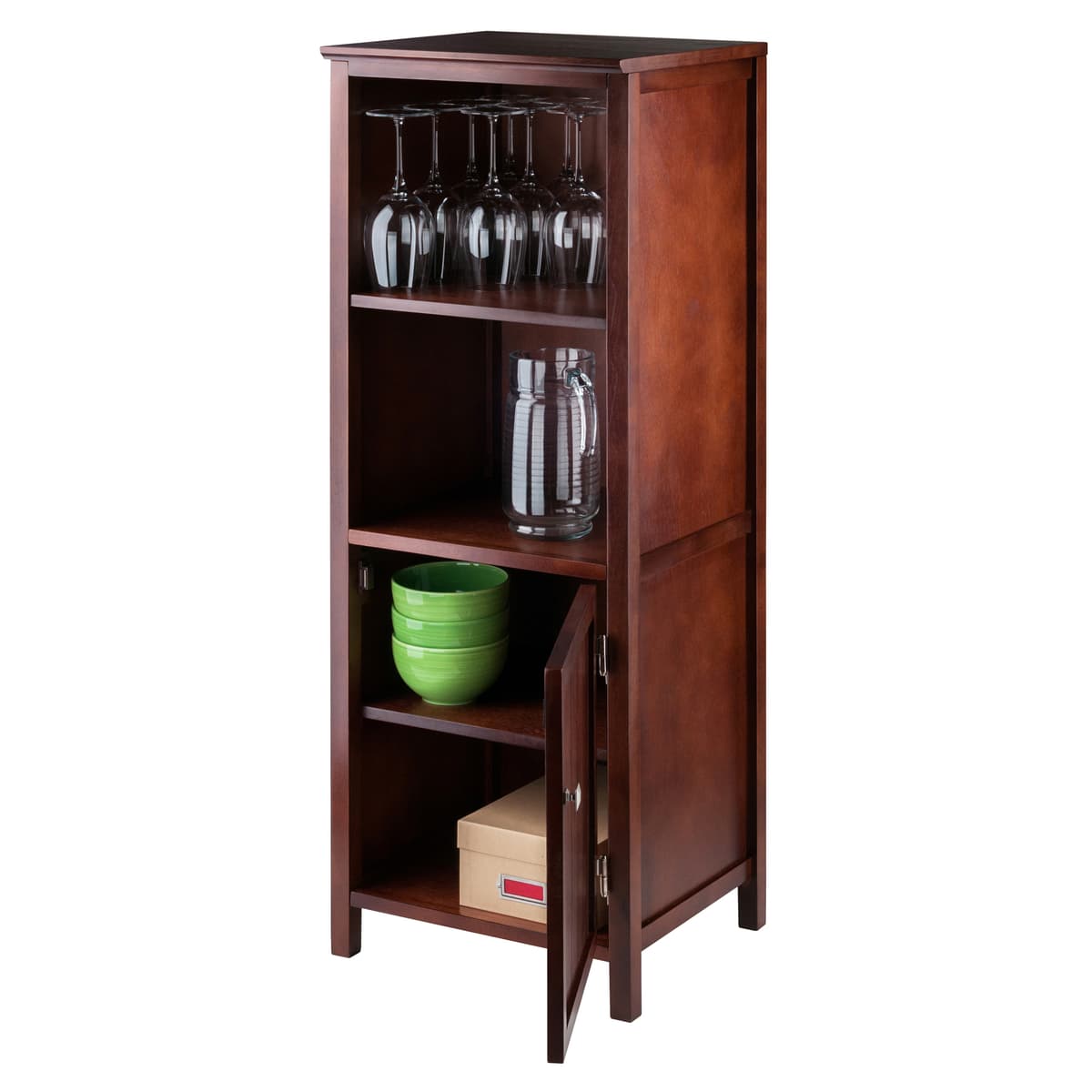 Winsome Brooke Jelly Cupboard with Open Shelf Cabinet, 47” High, 17” Wide, Walnut