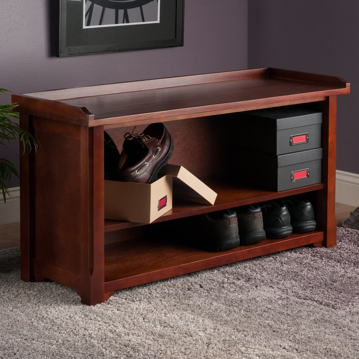 Milan 2-Shelf Storage Bench, 40” Wide, Walnut
