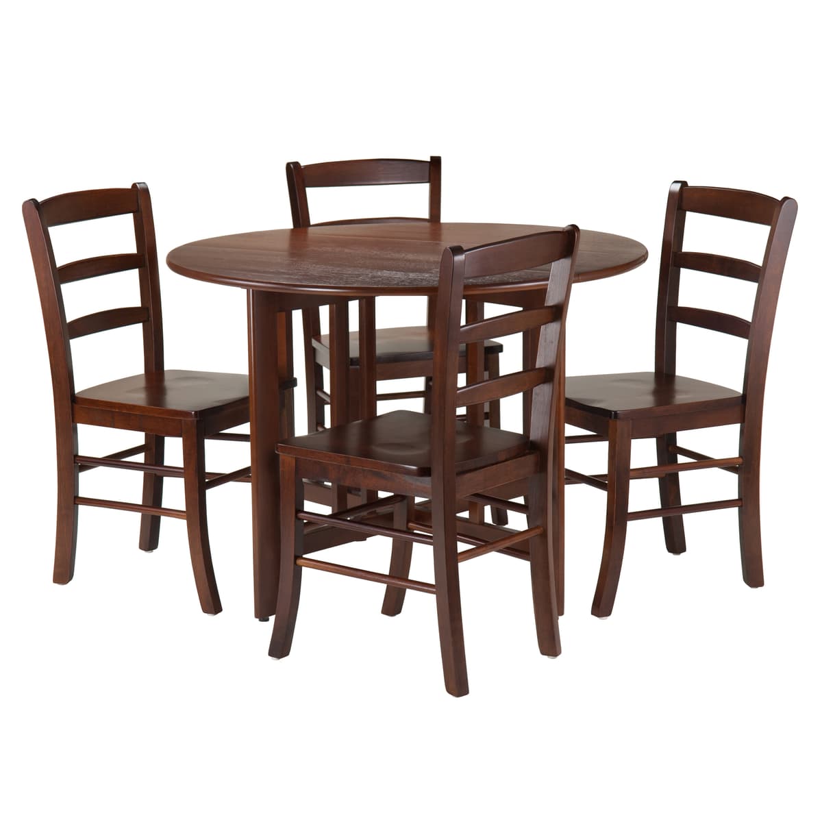 Alamo Foldable Round Dining Table, 42" Wide, with 4 Ladder Back Chairs, Walnut