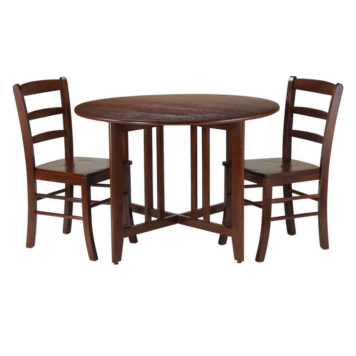 Alamo Foldable Round Dining Table, 42" Wide, with 2 Ladder Back Chairs, Walnut