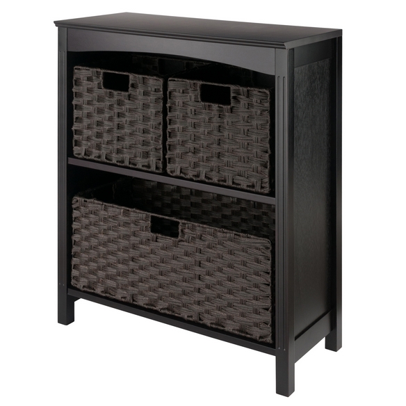 Terrace 4-Pc 2-Tier Storage Shelf with 2 Small and 1 Wide Basket Foldable Woven Fiber Baskets, Espresso and Chocolate