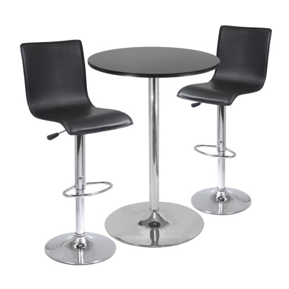 Spectrum 3-Pc Bar Height Table with 2 Adjustable Air Lift L-Back Stools, Black and Chrome