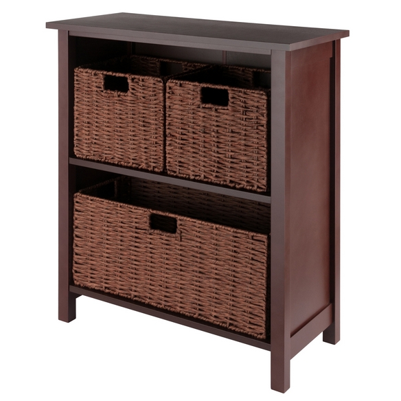 Milan 4-Pc Storage Shelf with 2 Small and 1 Wide Foldable Corn Husk Baskets, Walnut