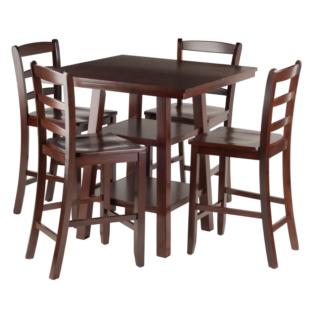 Orlando High Table with 4 Ladder-Back Counter Stools, 36" High, 34" Wide, Walnut