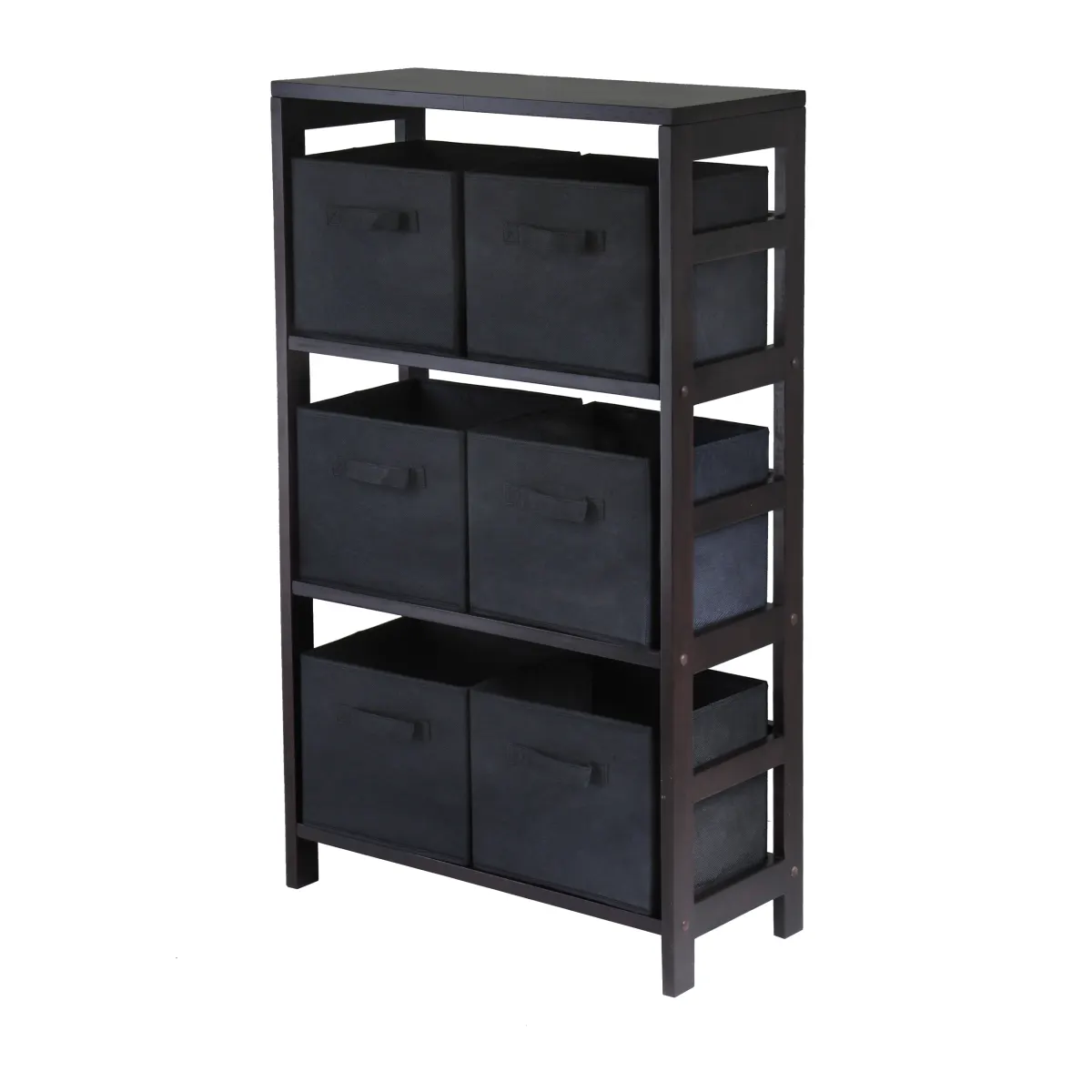 Leo 7-Pc Storage Shelf with 6 Foldable Fabric Baskets, Espresso and Black