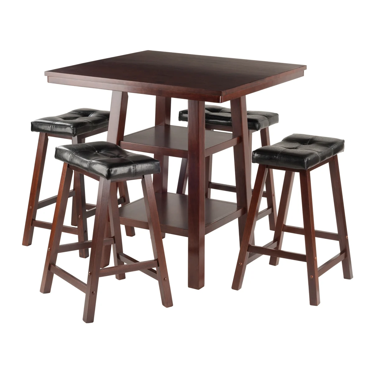 Orlando High Table with 4 Saddle-Seat Cushion Stools, 36" High, 34" Wide, Walnut and Black
