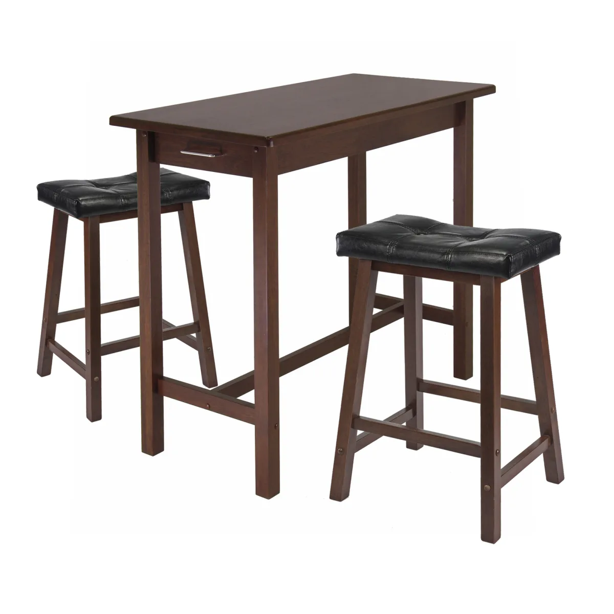 Sally Breakfast Table with 2 Saddle-Seat Cushion Counter Stools, 33" High, 39" Wide, Walnut and Black