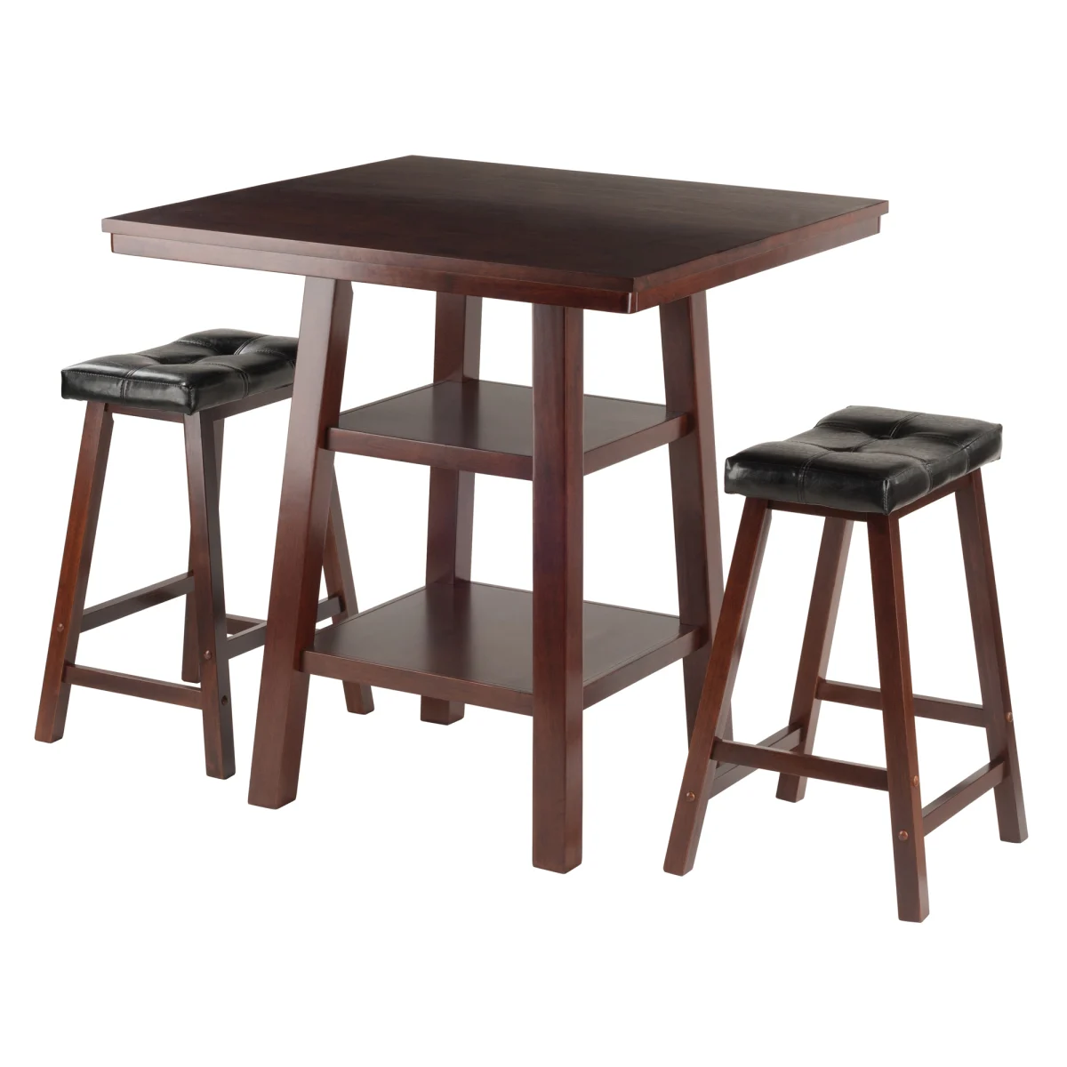 Orlando High Table with 2 Cushion Saddle-Seat Counter Stools, 36" High, 34" Wide, Walnut and Black