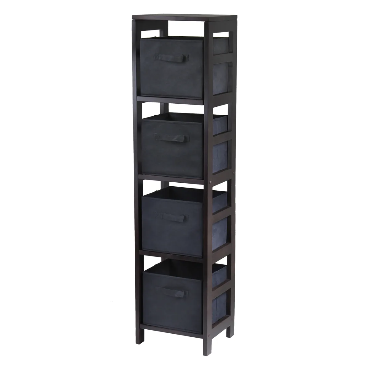 Leo 5-Pc Narrow Storage Shelf with 4 Foldable Fabric Baskets, Espresso and Black