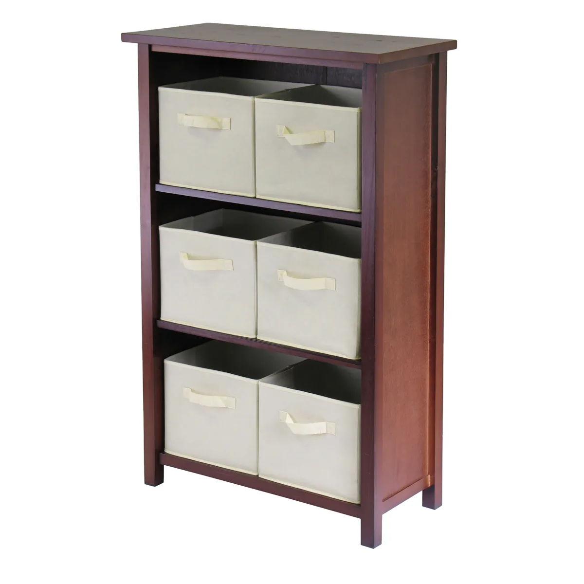 Verona 7-Pc Storage Shelf with 6 Foldable Fabric Baskets, Walnut and Beige