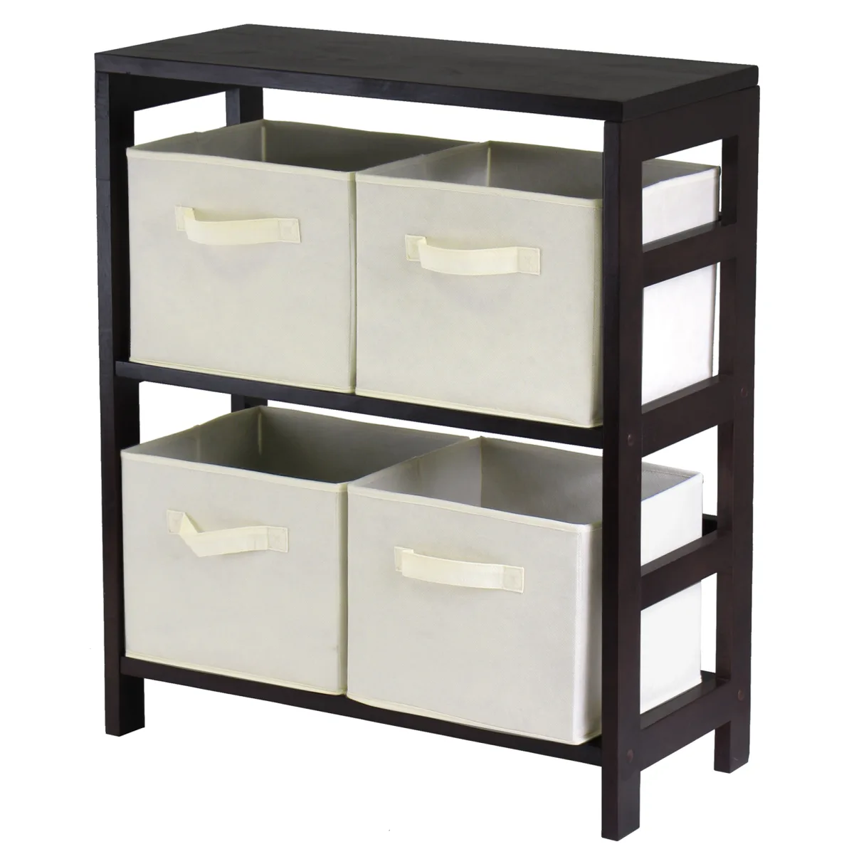Leo 5-Pc Storage2- Shelf with 4 Foldable Beige Fabric Baskets, Espresso and Beige