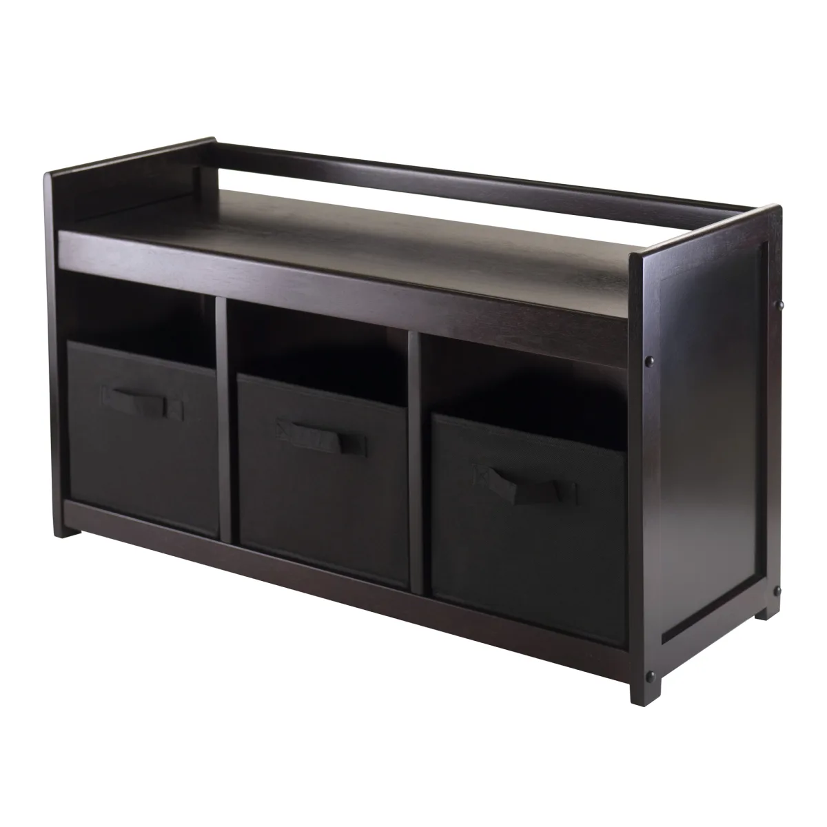 Addison 4-Pc Storage Bench with 3 Foldable Fabric Baskets, Espresso and Black
